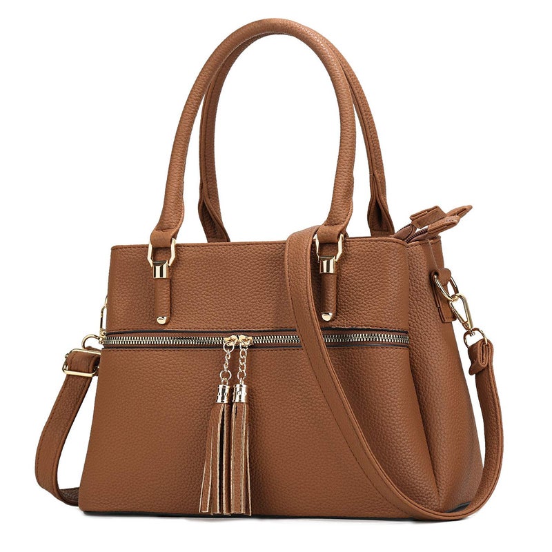 KKXIU 3 Zippered Compartments Purses and Handbags for Women Vegan Leather Ladies Multi Pocket Satchel Bags (D-brown) - Image 1